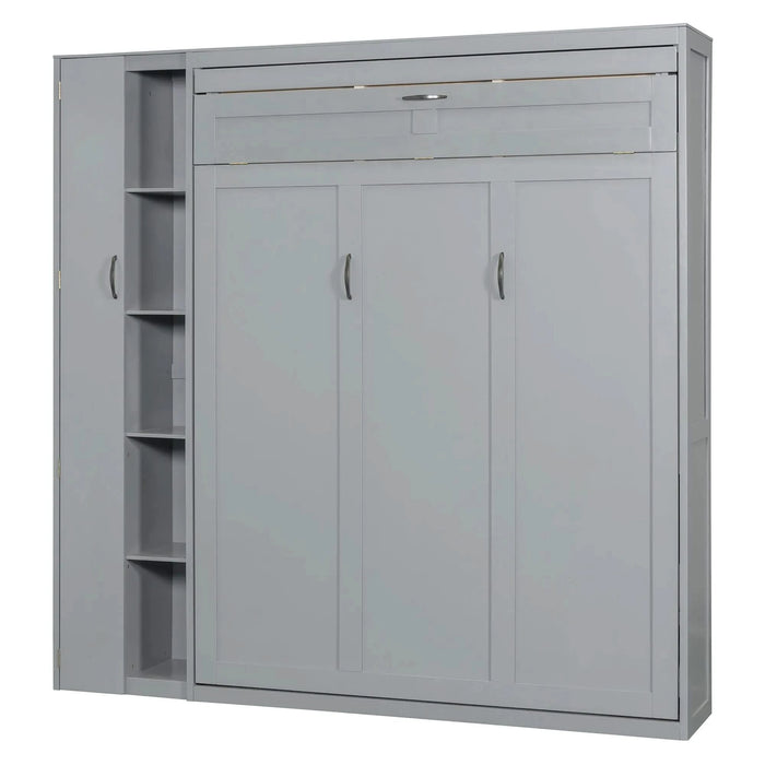 Queen Size Murphy Bed Wall Bed with Shelves, Wardrobe and LED Lights,Gray Default -DTYStore