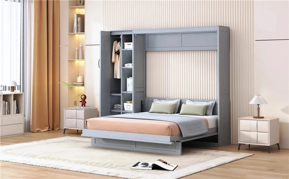 Queen Size Murphy Bed Wall Bed with Shelves, Wardrobe and LED Lights,Gray Default -DTYStore