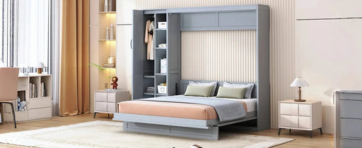 Queen Size Murphy Bed Wall Bed with Shelves, Wardrobe and LED Lights,Gray Default -DTYStore