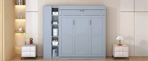 Queen Size Murphy Bed Wall Bed with Shelves, Wardrobe and LED Lights,Gray Default -DTYStore