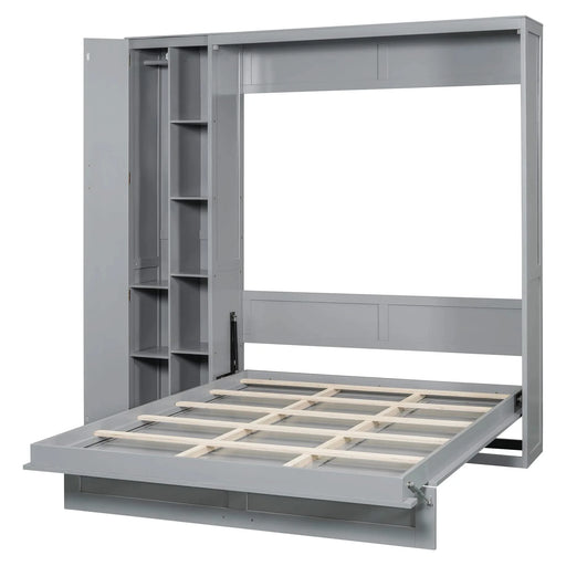 Queen Size Murphy Bed Wall Bed with Shelves, Wardrobe and LED Lights,Gray Default -DTYStore