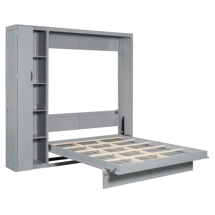 Queen Size Murphy Bed Wall Bed with Shelves, Wardrobe and LED Lights,Gray Default -DTYStore