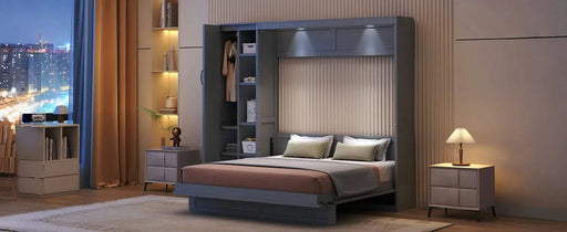 Queen Size Murphy Bed Wall Bed with Shelves, Wardrobe and LED Lights,Gray Default -DTYStore