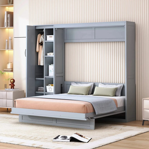 Queen Size Murphy Bed Wall Bed with Shelves, Wardrobe and LED Lights,Gray Default -DTYStore