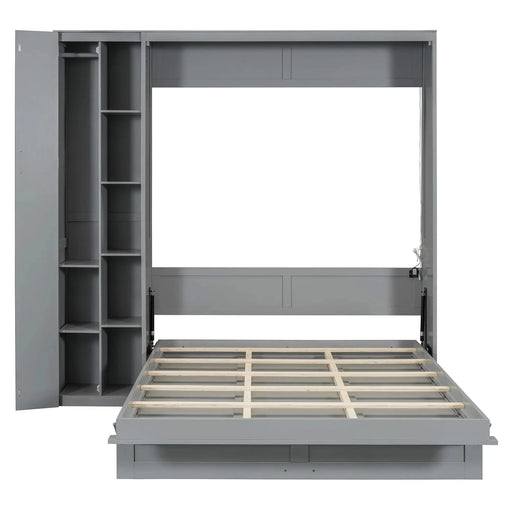Queen Size Murphy Bed Wall Bed with Shelves, Wardrobe and LED Lights,Gray Default -DTYStore