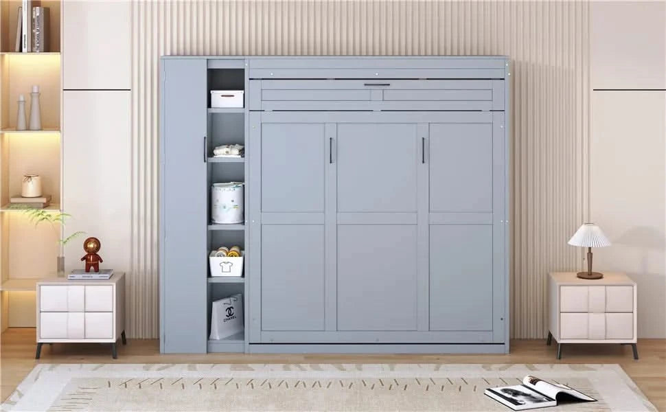 Queen Size Murphy Bed Wall Bed with Shelves, Wardrobe and LED Lights,Gray Default -DTYStore