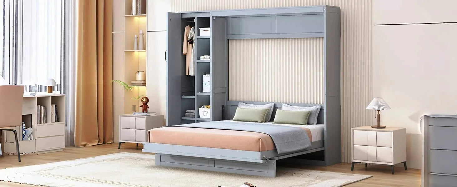 Queen Size Murphy Bed Wall Bed with Shelves, Wardrobe and LED Lights,Gray Default -DTYStore