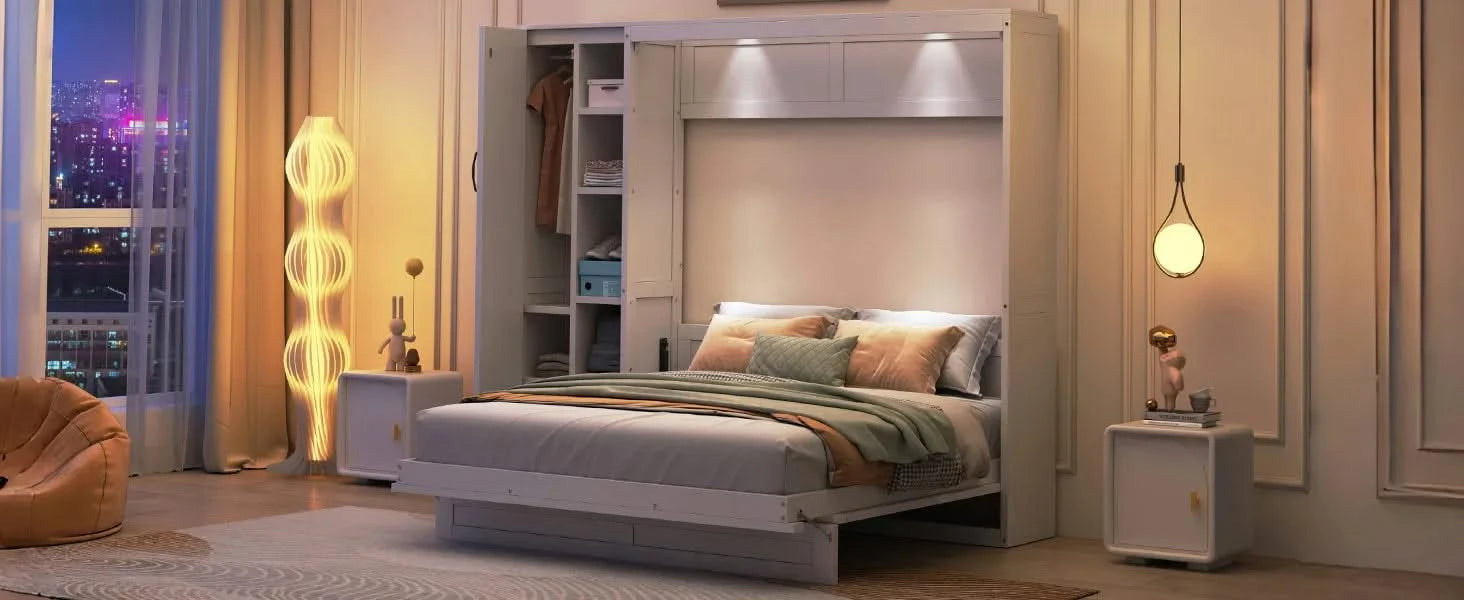 Queen Size Murphy Bed Wall Bed with Shelves, Wardrobe and LED Lights,White Default -DTYStore
