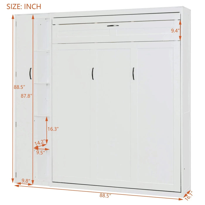 Queen Size Murphy Bed Wall Bed with Shelves, Wardrobe and LED Lights,White Default -DTYStore