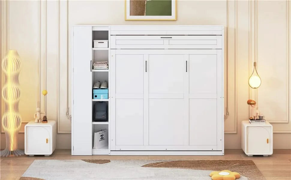 Queen Size Murphy Bed Wall Bed with Shelves, Wardrobe and LED Lights,White Default -DTYStore