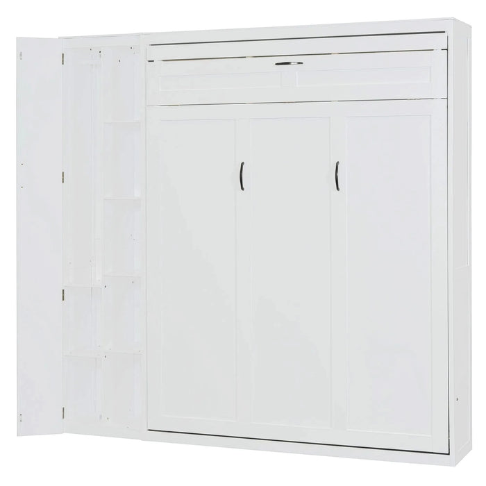 Queen Size Murphy Bed Wall Bed with Shelves, Wardrobe and LED Lights,White Default -DTYStore
