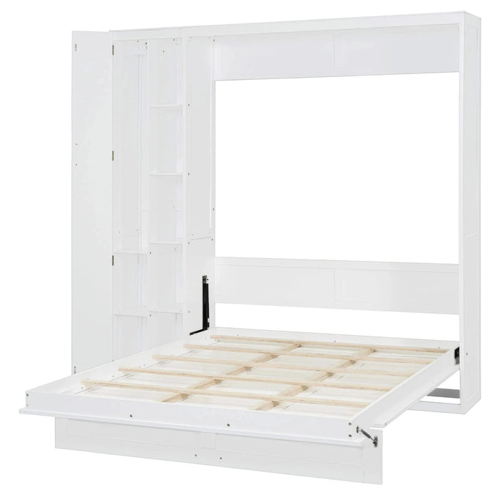 Queen Size Murphy Bed Wall Bed with Shelves, Wardrobe and LED Lights,White Default -DTYStore