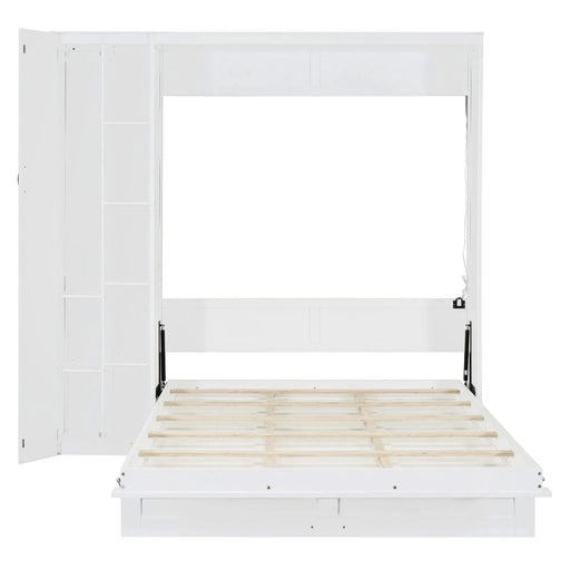 Queen Size Murphy Bed Wall Bed with Shelves, Wardrobe and LED Lights,White Default -DTYStore