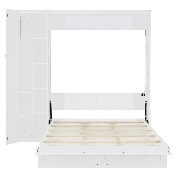 Queen Size Murphy Bed Wall Bed with Shelves, Wardrobe and LED Lights,White Default -DTYStore