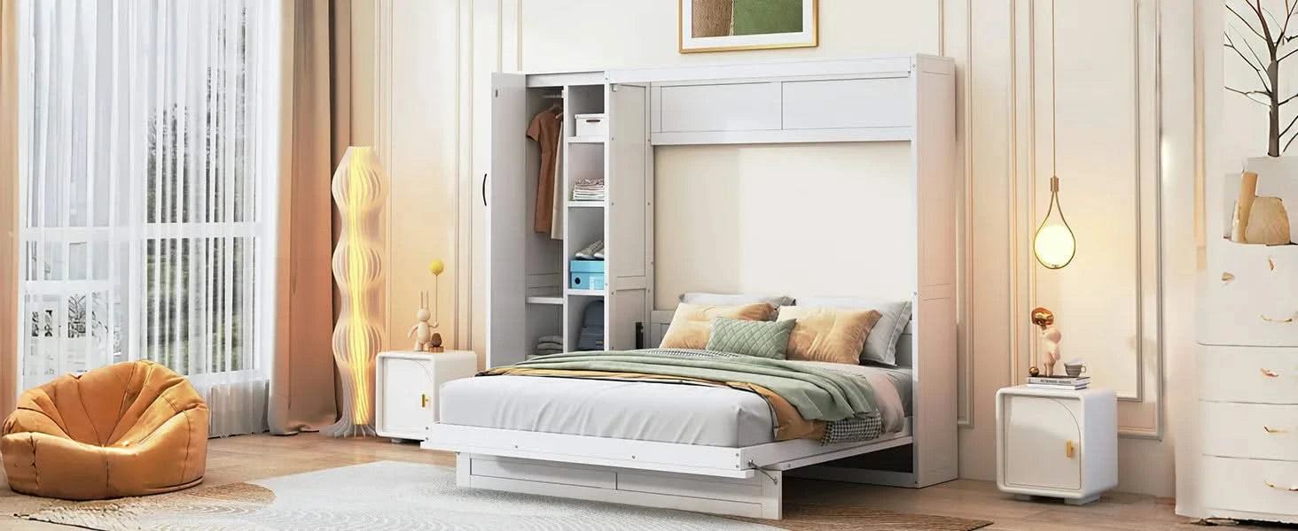 Queen Size Murphy Bed Wall Bed with Shelves, Wardrobe and LED Lights,White Default -DTYStore