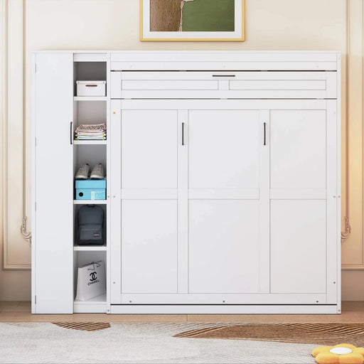 Queen Size Murphy Bed Wall Bed with Shelves, Wardrobe and LED Lights,White Default -DTYStore