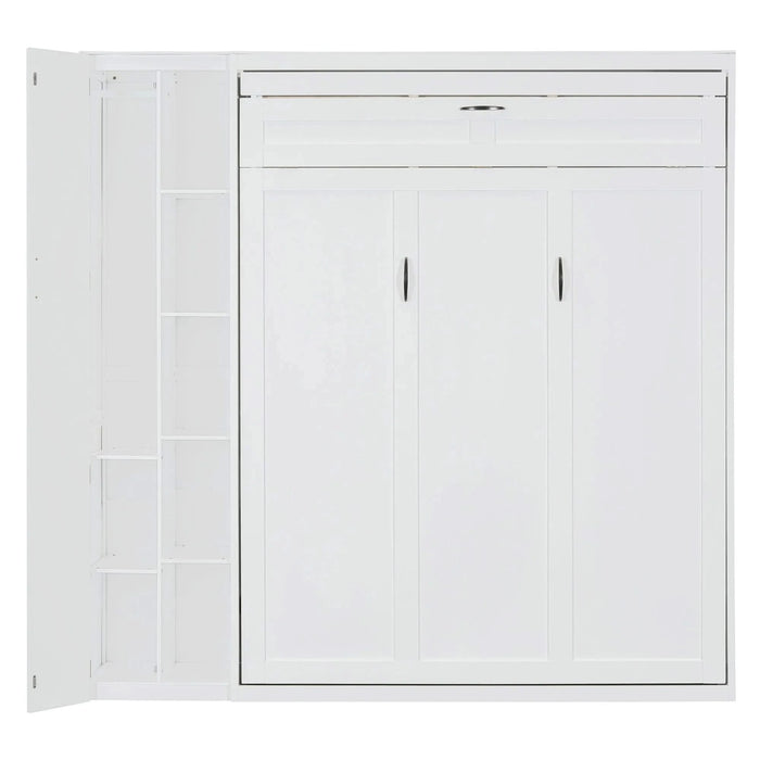 Queen Size Murphy Bed Wall Bed with Shelves, Wardrobe and LED Lights,White Default -DTYStore