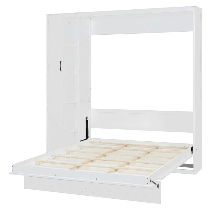 Queen Size Murphy Bed Wall Bed with Shelves, Wardrobe and LED Lights,White Default -DTYStore