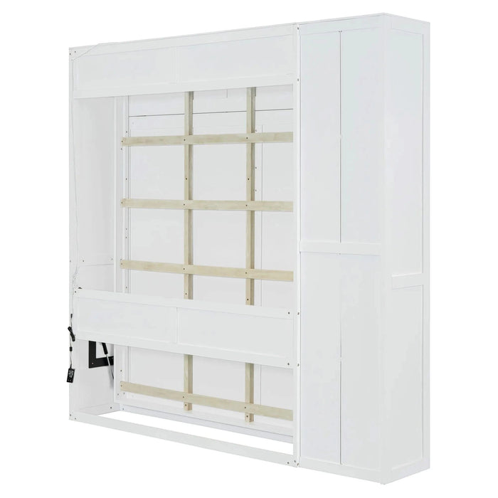 Queen Size Murphy Bed Wall Bed with Shelves, Wardrobe and LED Lights,White Default -DTYStore