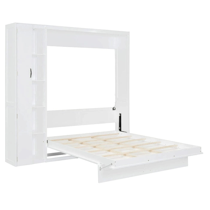 Queen Size Murphy Bed Wall Bed with Shelves, Wardrobe and LED Lights,White Default -DTYStore