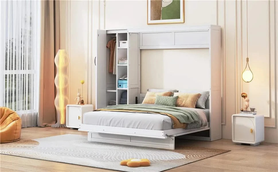 Queen Size Murphy Bed Wall Bed with Shelves, Wardrobe and LED Lights,White Default -DTYStore