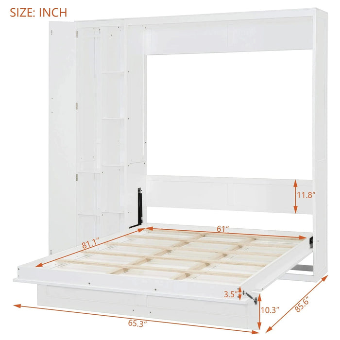 Queen Size Murphy Bed Wall Bed with Shelves, Wardrobe and LED Lights,White Default -DTYStore