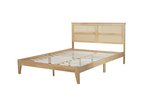 Queen Size Rubber Wooden, Solid Wooden Bed with Rattan Headboard, Enhanced by Support Feet,Oak White Default -DTYStore