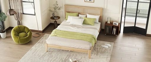 Queen Size Rubber Wooden, Solid Wooden Bed with Rattan Headboard, Enhanced by Support Feet,Oak White Default -DTYStore