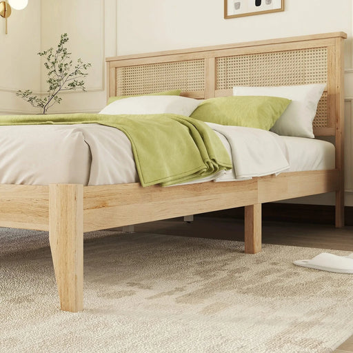 Queen Size Rubber Wooden, Solid Wooden Bed with Rattan Headboard, Enhanced by Support Feet,Oak White Default -DTYStore