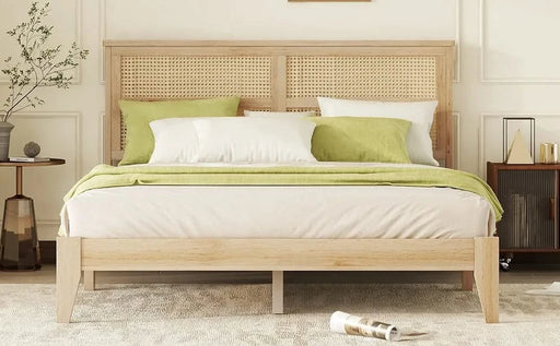 Queen Size Rubber Wooden, Solid Wooden Bed with Rattan Headboard, Enhanced by Support Feet,Oak White Default -DTYStore