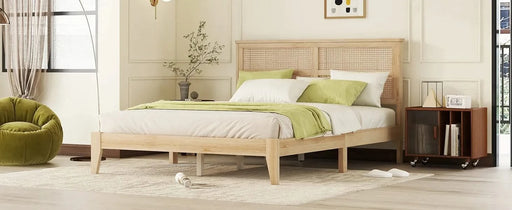 Queen Size Rubber Wooden, Solid Wooden Bed with Rattan Headboard, Enhanced by Support Feet,Oak White Default -DTYStore