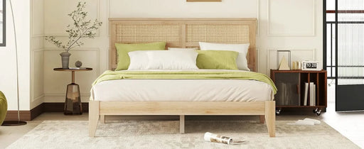 Queen Size Rubber Wooden, Solid Wooden Bed with Rattan Headboard, Enhanced by Support Feet,Oak White Default -DTYStore