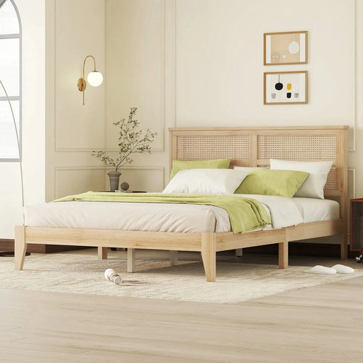 Queen Size Rubber Wooden, Solid Wooden Bed with Rattan Headboard, Enhanced by Support Feet,Oak White Default -DTYStore