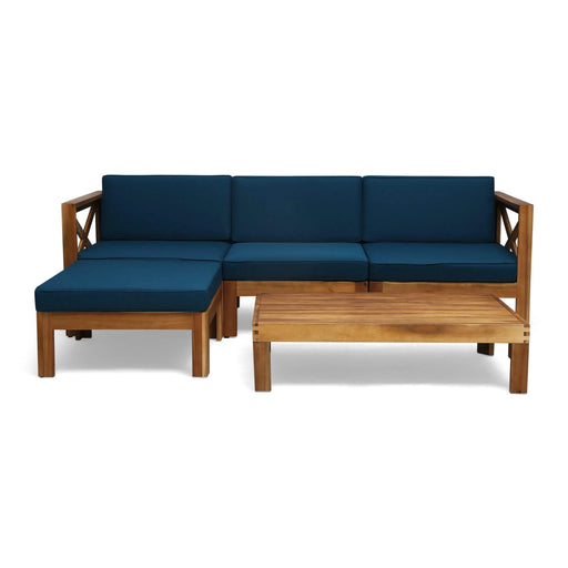 Radiat 5-Piece Outdoor L-Shaped Sofa Set with Coffee Table and Water Resistant Cushions, Dark Blue and Teak Default -DTYStore