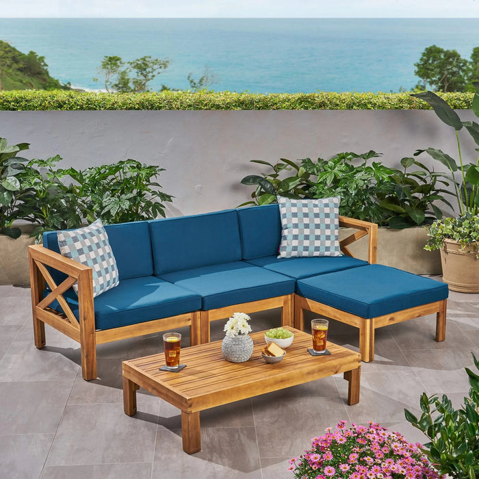 Radiat 5-Piece Outdoor L-Shaped Sofa Set with Coffee Table and Water Resistant Cushions, Dark Blue and Teak Default -DTYStore