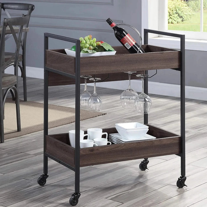 Rectangular Serving Cart with 2 Tier Shelf, Walnut and Black Default -DTYStore