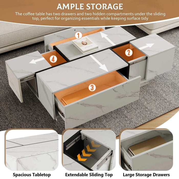 Rectangular Sliding Top Coffee Table with 2 Drawers and 2 Hidden Storage for Living Room 47.2' (White) Default -DTYStore
