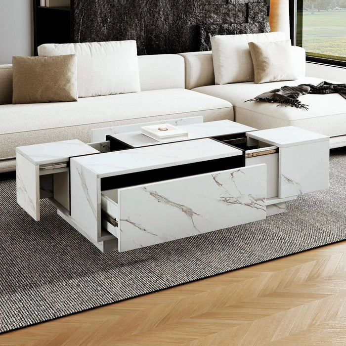 Rectangular Sliding Top Coffee Table with 2 Drawers and 2 Hidden Storage for Living Room 47.2' (White) Default -DTYStore