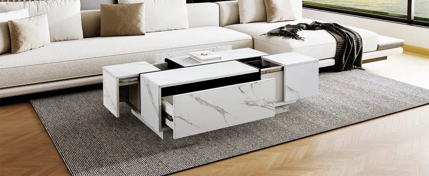 Rectangular Sliding Top Coffee Table with 2 Drawers and 2 Hidden Storage for Living Room 47.2' (White) Default -DTYStore