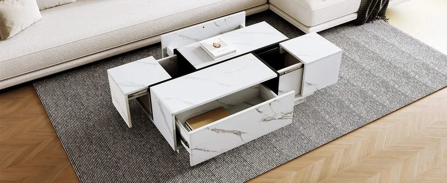 Rectangular Sliding Top Coffee Table with 2 Drawers and 2 Hidden Storage for Living Room 47.2' (White) Default -DTYStore