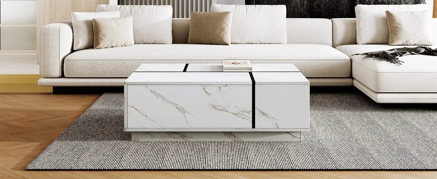Rectangular Sliding Top Coffee Table with 2 Drawers and 2 Hidden Storage for Living Room 47.2' (White) Default -DTYStore