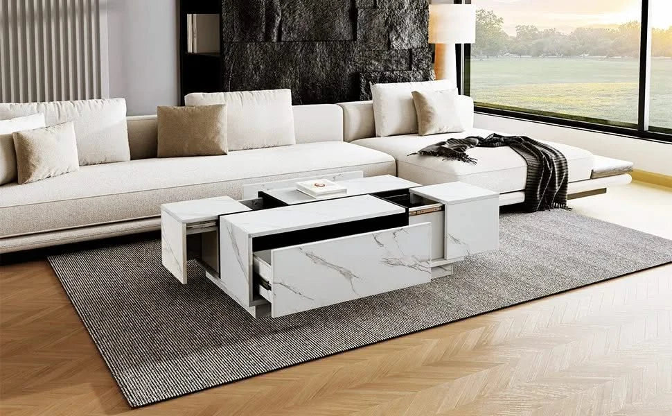 Rectangular Sliding Top Coffee Table with 2 Drawers and 2 Hidden Storage for Living Room 47.2' (White) Default -DTYStore