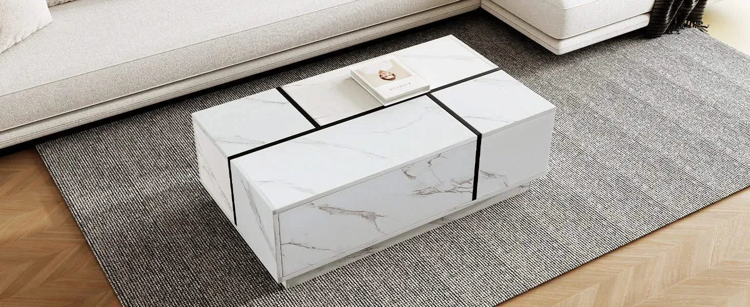 Rectangular Sliding Top Coffee Table with 2 Drawers and 2 Hidden Storage for Living Room 47.2' (White) Default -DTYStore