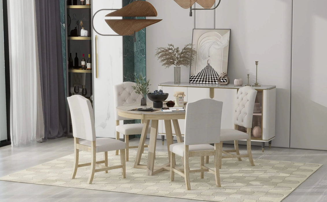 Retro 5-Piece Dining Set with Extendable Round Table and 4 Upholstered Chairs, Natural Wood Finish Default -DTYStore