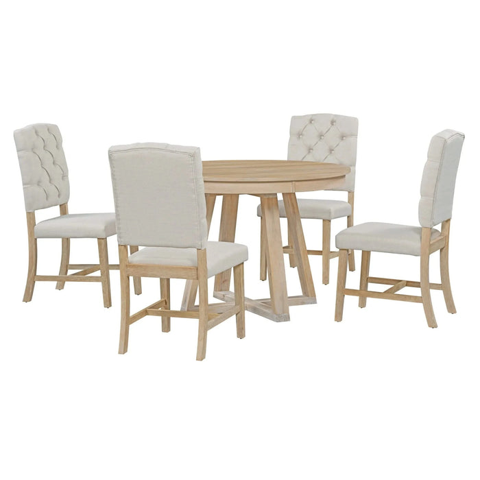 Retro 5-Piece Dining Set with Extendable Round Table and 4 Upholstered Chairs, Natural Wood Finish Default -DTYStore