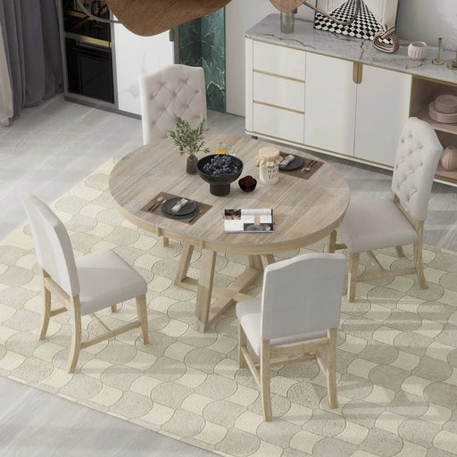 Retro 5-Piece Dining Set with Extendable Round Table and 4 Upholstered Chairs, Natural Wood Finish Default -DTYStore