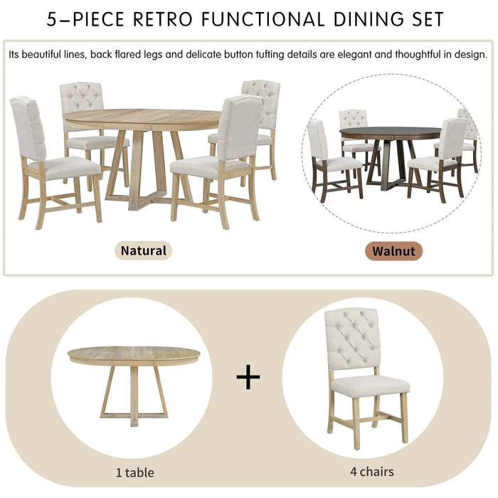 Retro 5-Piece Dining Set with Extendable Round Table and 4 Upholstered Chairs, Natural Wood Finish Default -DTYStore