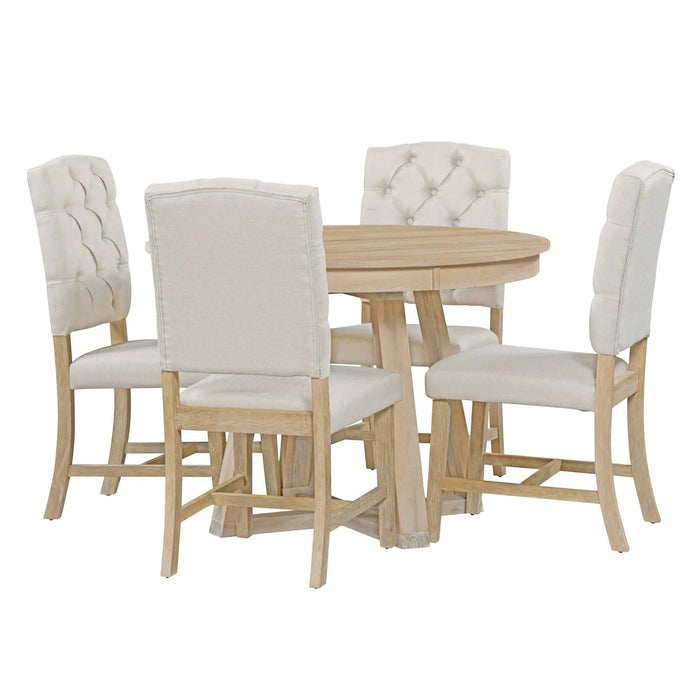 Retro 5-Piece Dining Set with Extendable Round Table and 4 Upholstered Chairs, Natural Wood Finish Default -DTYStore