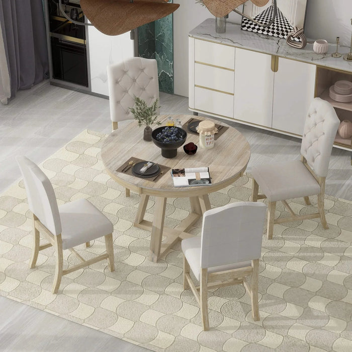 Retro 5-Piece Dining Set with Extendable Round Table and 4 Upholstered Chairs, Natural Wood Finish Default -DTYStore