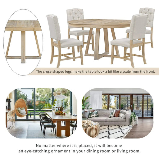 Retro 5-Piece Dining Set with Extendable Round Table and 4 Upholstered Chairs, Natural Wood Finish Default -DTYStore
